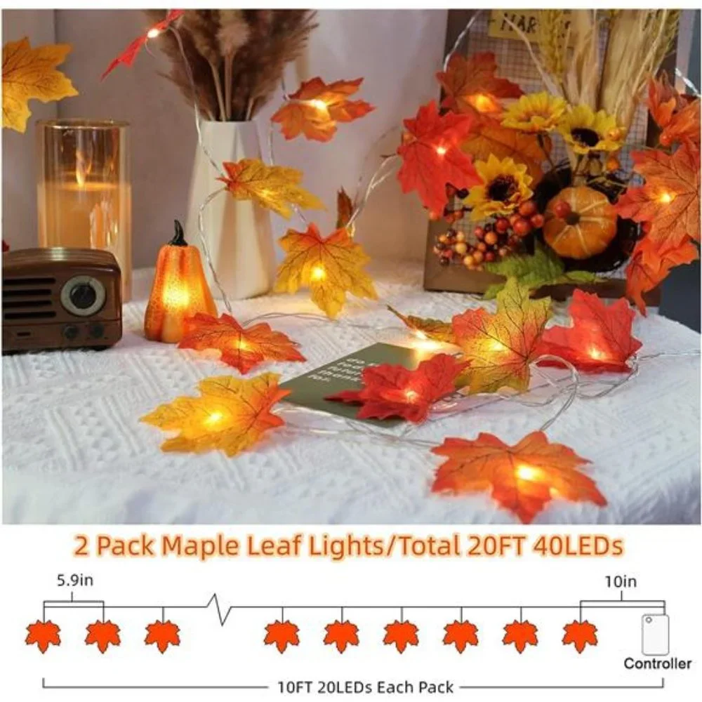 2 Pack Fall Decorations Maple Leaf Lights Garland Multicolored, 20Ft 40LED
